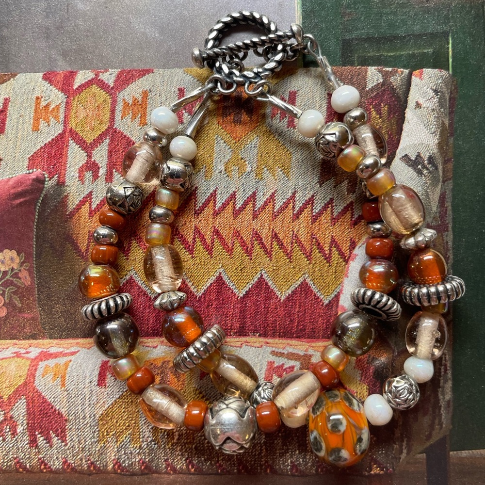 Artisan Handmade Orange Amber Tone Glass Bead Silver Rosette Beads Bracelet